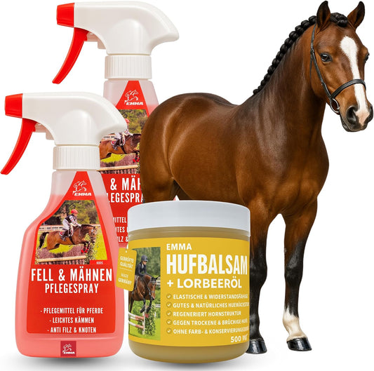 2x Mähnenspray mit Duft, Hufgel mit Lorbeeröl, Pferdepflegeset für Kinder 3 teilig