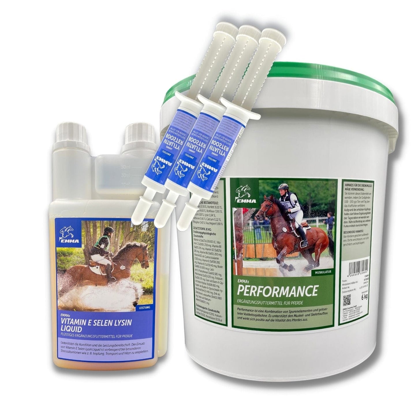 Pferdefutter. Performance & Viamine & Ergänzungsfutter für alte Pferde, SPARSET 6Kg 1L 3x30ml – zur Pflege & täglichen Versorgung – EMMA Care