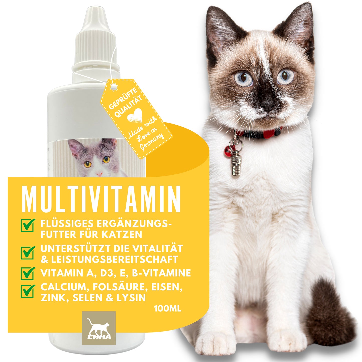 EMMA Katzen Vitamine 100ml I Multi Vitamin B komplex hochdosiert für Katzen I B Vitamine mit Vitamin A B12 D E I Folsäure Eisen Zink Selen  l Lysin Katze I Immunsystem stärken  Vitamine für Katzen.jpg