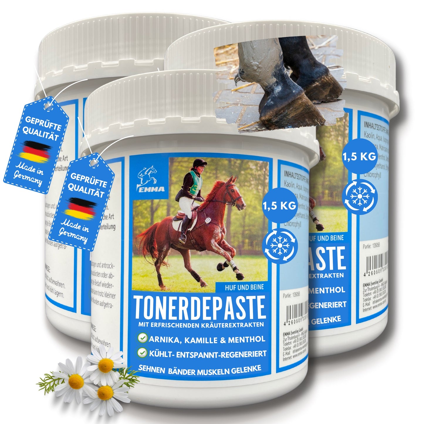 EMMA COOL CLAY 23 essigsaure Tonerde Pferd • Pferdesalbe kühlend 3*1,5kg Heilerde Paste Arnika I Arnika Salbe Entspannung Sehnen Gelenke Muskeln Bänder Pferdebalsam Arnica Gel Salbe Tonerde Kühlsalbe extra stark .png
