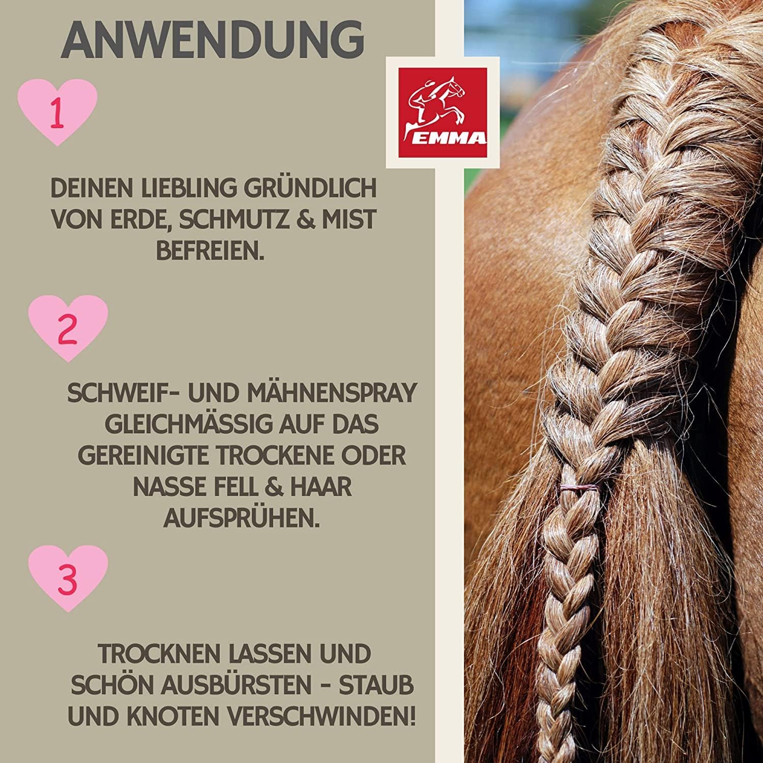 EMMA Pferde Leckerlies Hufbalsam Mähnenspray für Pferde EMMA Set 66 Leckerli Pferd Banane - Glitzerspray für Pferde - Pferdezubehör - Huffett Hufpflege Pferdepflege für Pferde Set 3tlg für Fell Mähne Schweif Hufe