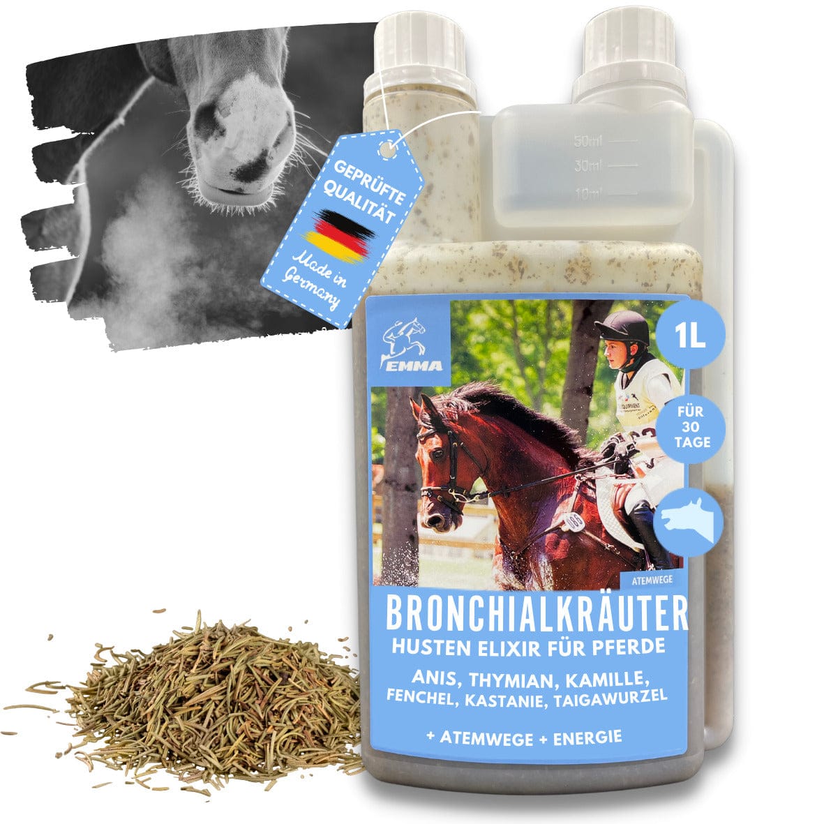 Hustensaft Pferd | Bronchialkräuter Elixier | Atemwege & Husten | 1L