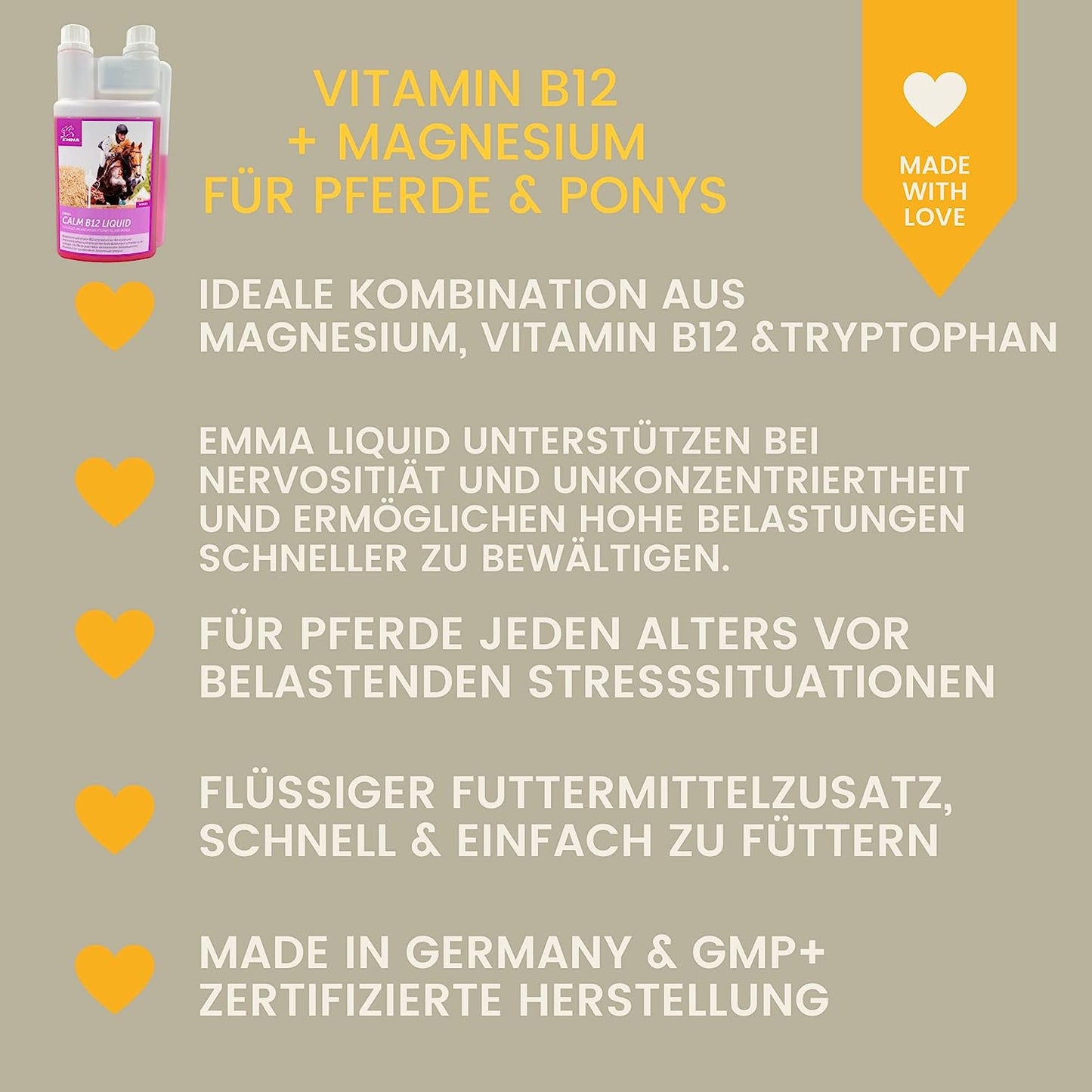 EMMA Magnesium Pferd h Vitamin B12 I CALM I Anti-Stress zur Beruhigung Nerven I L Tryptophan flüssig I Vit B 12 bei Angst Relax I für Transport I unterstützt Gelassenheit nervöse Pferd Pony hochdosiert 1L8.jpg
