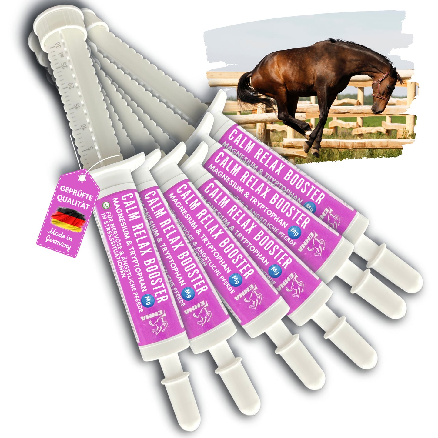 EMMA Magnesium Pferd Vitamin B12 I CALM I Anti-Stress zur Beruhigung Nerven I L Tryptophan flüssig I Vit B 12 bei Angst Relax I für Transport I unterstützt Gelassenheit nervöse Pferd Pony hochdosiert