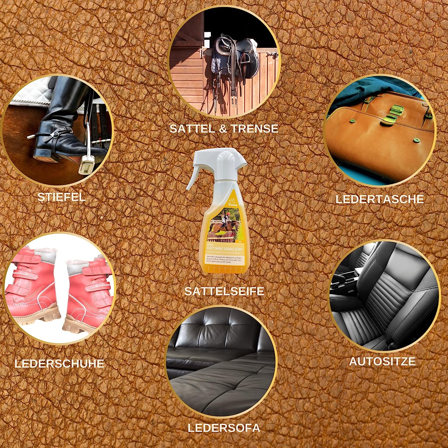 EMMA Saddle soap  Lederseife   Sattelseife + Schweif & Mähnenspray I Leder & Pferde Pflegeset Glattleder Pflege Sattel Lederstiefel Trense Ledercouch Auto Sofa Schuhe l Lederbalsam zum Sprühen Pflegen & Schutz von Leder 500ml250ml2