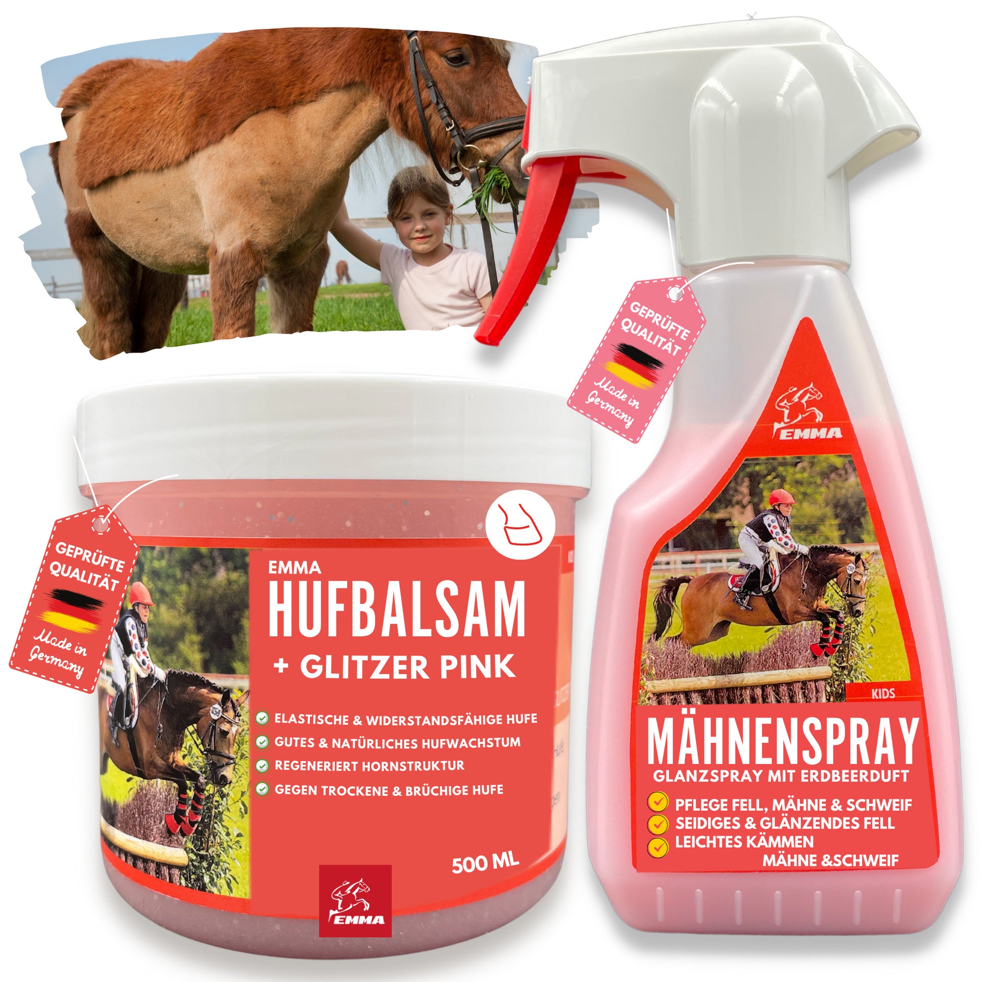 EMMA Mähnenspray für Pferde Schweifspray pink mit Duft für Pferd  Pony I Glitzer Huffet Hufgel pink  Duft I Inhalt Putzbox I Geschenke für Mädchen I Pferdepflegeset für Kinder 2 teilig