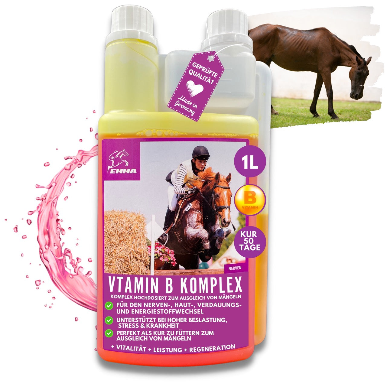 EMMA Vitamin B a Komplex Pferd 1L Liquid I Vitamin B hochdosiert für Pferde  Pony mit Vitamin B1, B2, B6, B12, B-Vitamine I Vit b complex Unterstützung Muskulatur, Immunsytem, Nerven- Energiestoffwechsels vitamin b komplex 1).jpg