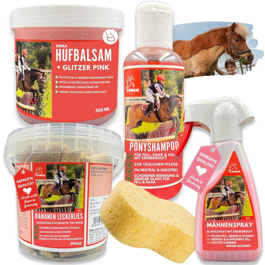 EMMA set 1 Pferde Leckerlies  Pferdeshampoo  Hufbalsam + EMMA Mähnenspray für Pferde, Leckerli Pferd Banane - Schweifspray für Pferde - Pferdezubehör - Hufpflege Pferdepflege Set 4tlg - für Fell Mähne Schweif Hufe .jpg.jpg