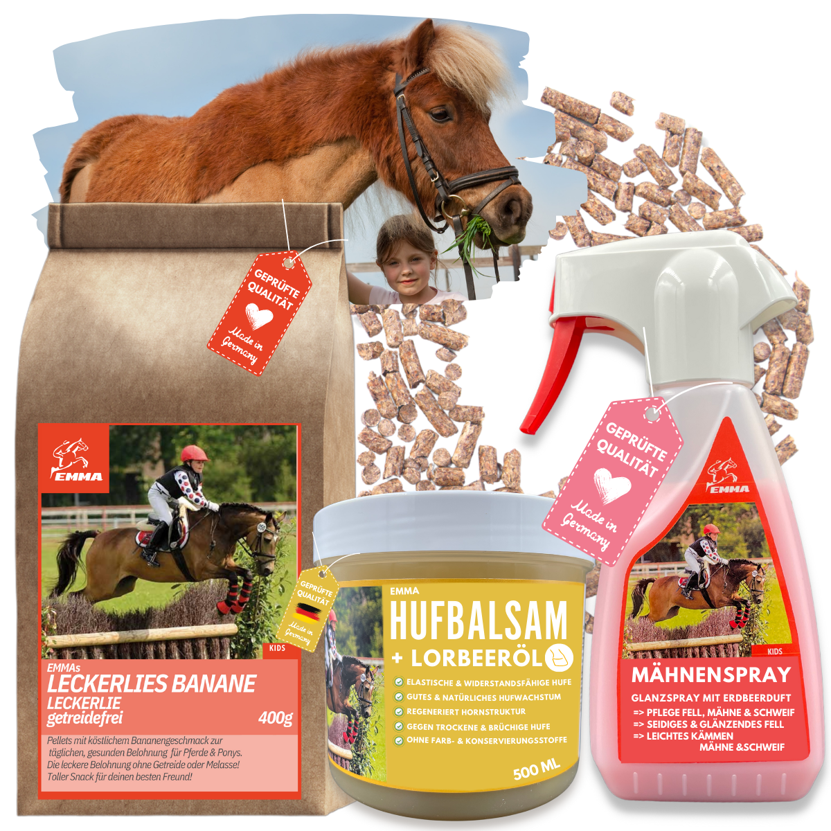 EMMA Pferde Leckerlies Hufbalsam Mähnenspray für Pferde EMMA Set 66 Leckerli Pferd Banane - Glitzerspray für Pferde - Pferdezubehör - Huffett Hufpflege Pferdepflege für Pferde Set 3tlg für Fell Mähne Schweif Hufe