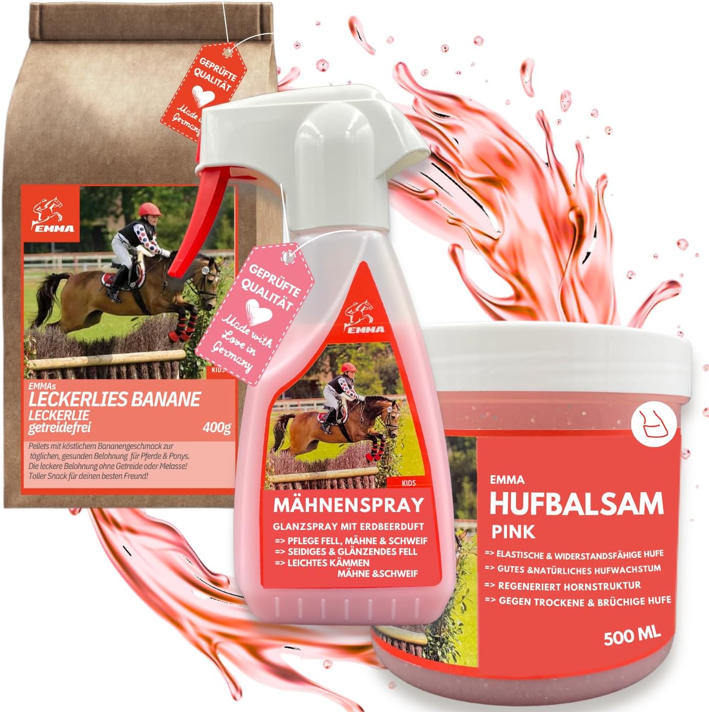 Mähnenspray Pferde I Pinkes Huffett I Pferdeleckerlis I Pferdepflegeset 3teilig 500ml 400ml 250gr