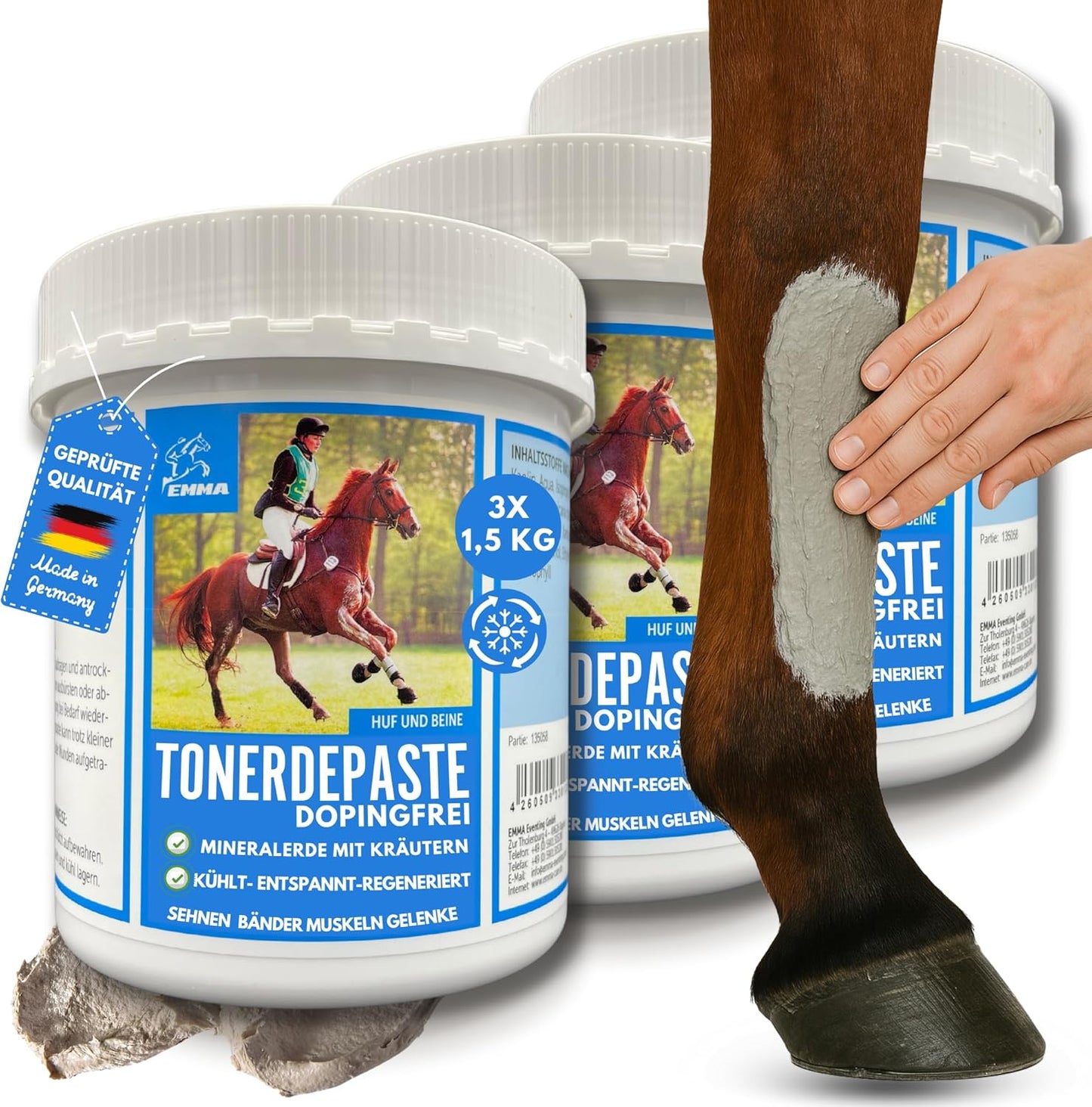 Essigsaure Tonerde Cool Clay Pferd – Abschwellend & dopingfrei – 3×1,5 kg – EMMA – zur Pflege & täglichen Versorgung – EMMA Care