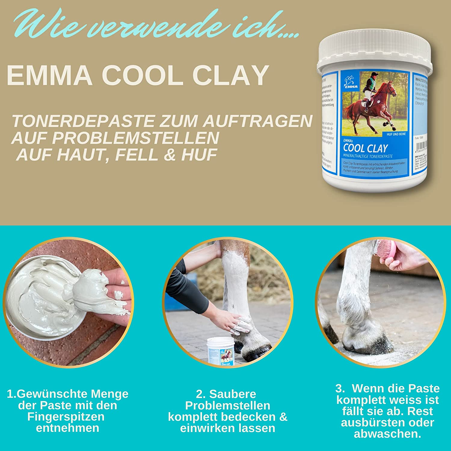 EMMA COOL CLAY 1b essigsaure Tonerde Pferde ⇒ Tonerde Pferd 1,5 Kg I Pferdebalsam kühlend I Tonerde Paste Mineralerde - Arnika Salbe Heilerde Paste kühlend I Kühlgel I Tonerde Gel Sehnen Bänder Gelenke Pferd.