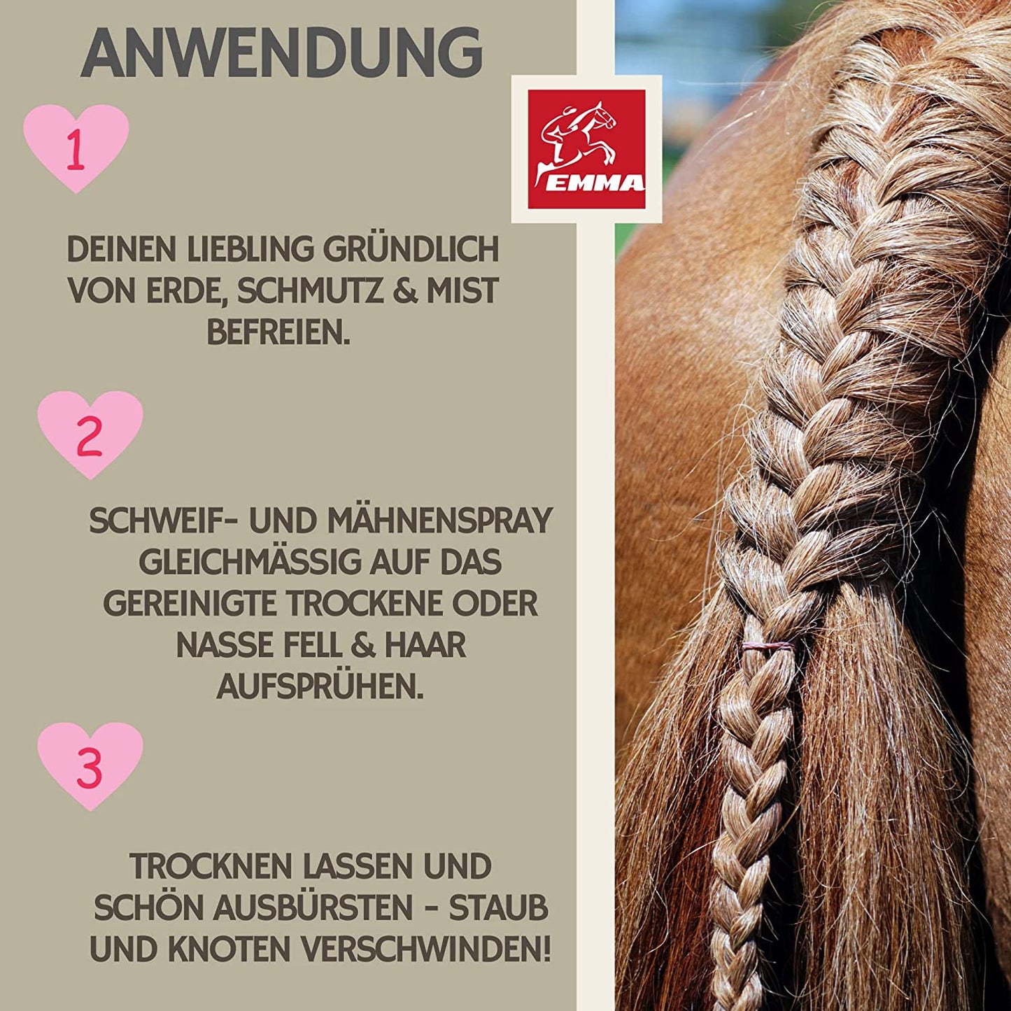 EMMA Schweif Mähnenspray für Pferde  Vanille Duft 500ml Fellpflege Pferd I Glanzspray  Kämmbarkeit für Fell Mähne Schweif I Schweifspray für Pferde Fellspray - Pferdepflege - Pferde Zubehör Fellglanz