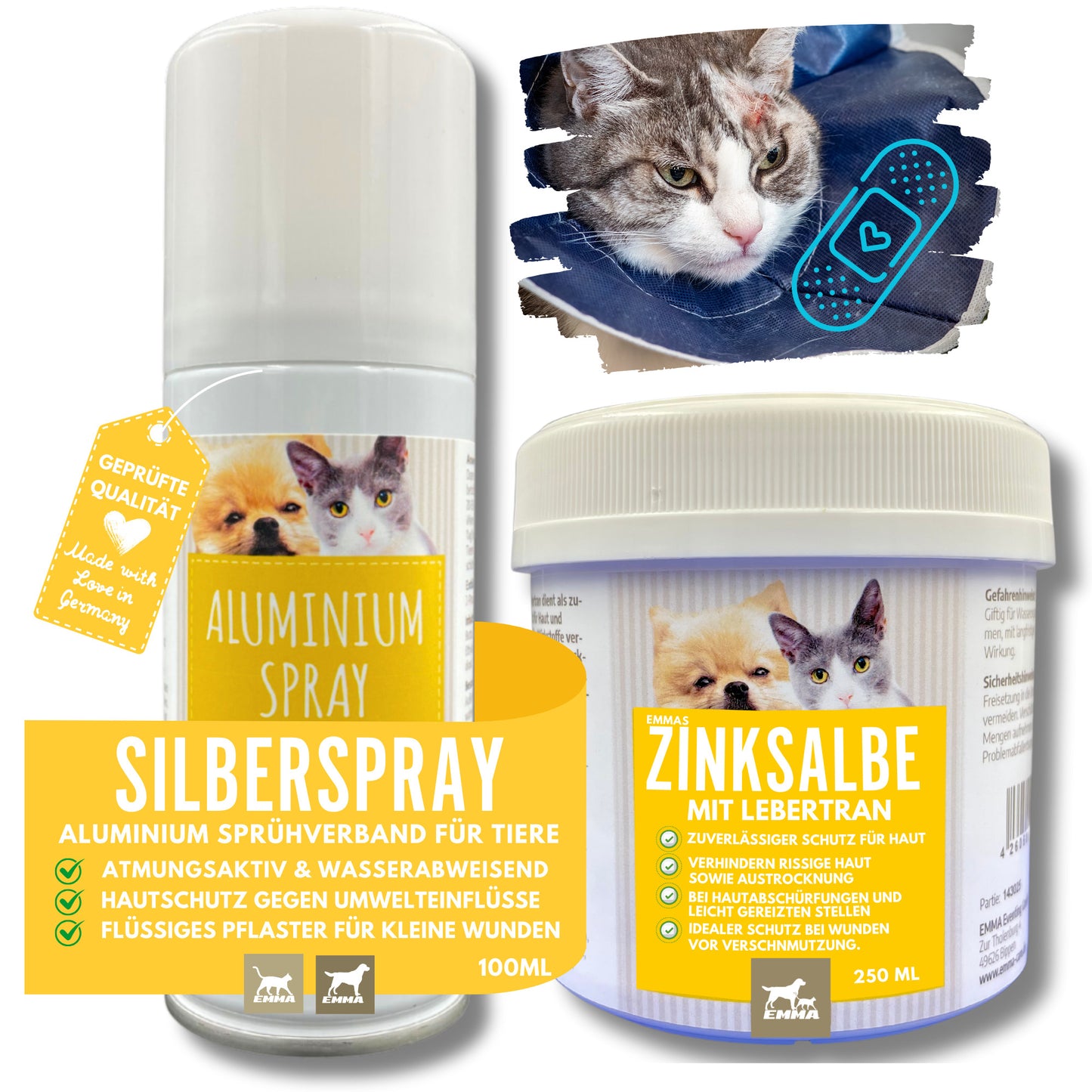 Erste_Hilfe Set_Katzen_Silberspray_Lebertran_Zinksalbe_Wundspray_Salbe_Wundschutz_Haustier_Silber_Spray_Wundheilung_Wundsalbe_Wunddesinfektion_Sprühpflaster_Katze