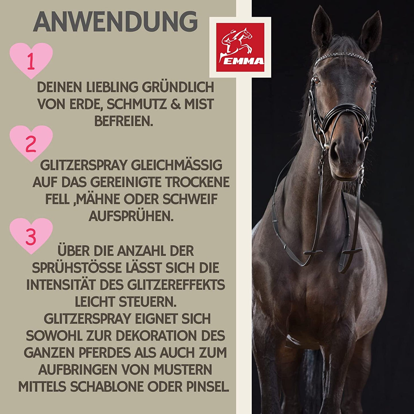 EMMA Mähnenspray für Pferde + Glitzer Huffett Pferde + Glitzerspray Pferde - 500ml 2  250ml - Pferdepflege Set 3tlg I Schweif und Mähnenspray Pferd I Hufpflege mit Glitzer I Putzzeug Pflege Set Pony 