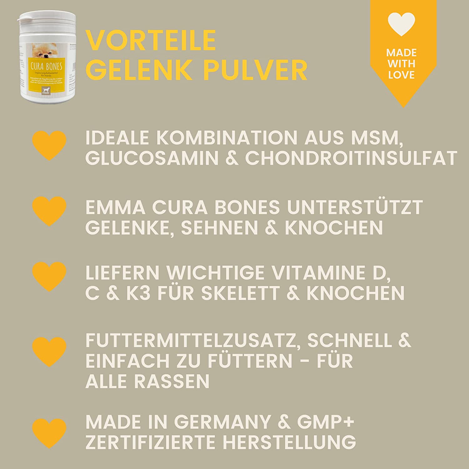 EMMA Hunde MSM 150Gr Gelenkpulver Hund mit Glucosamin, Chondroitin, Vitamine C D K3, Calcium & MSM Hund I für Gelenke & Gelenkfunktion alternativ Gelenktabletten Hund I Joint Care MSM Pulver für Hund.jpg