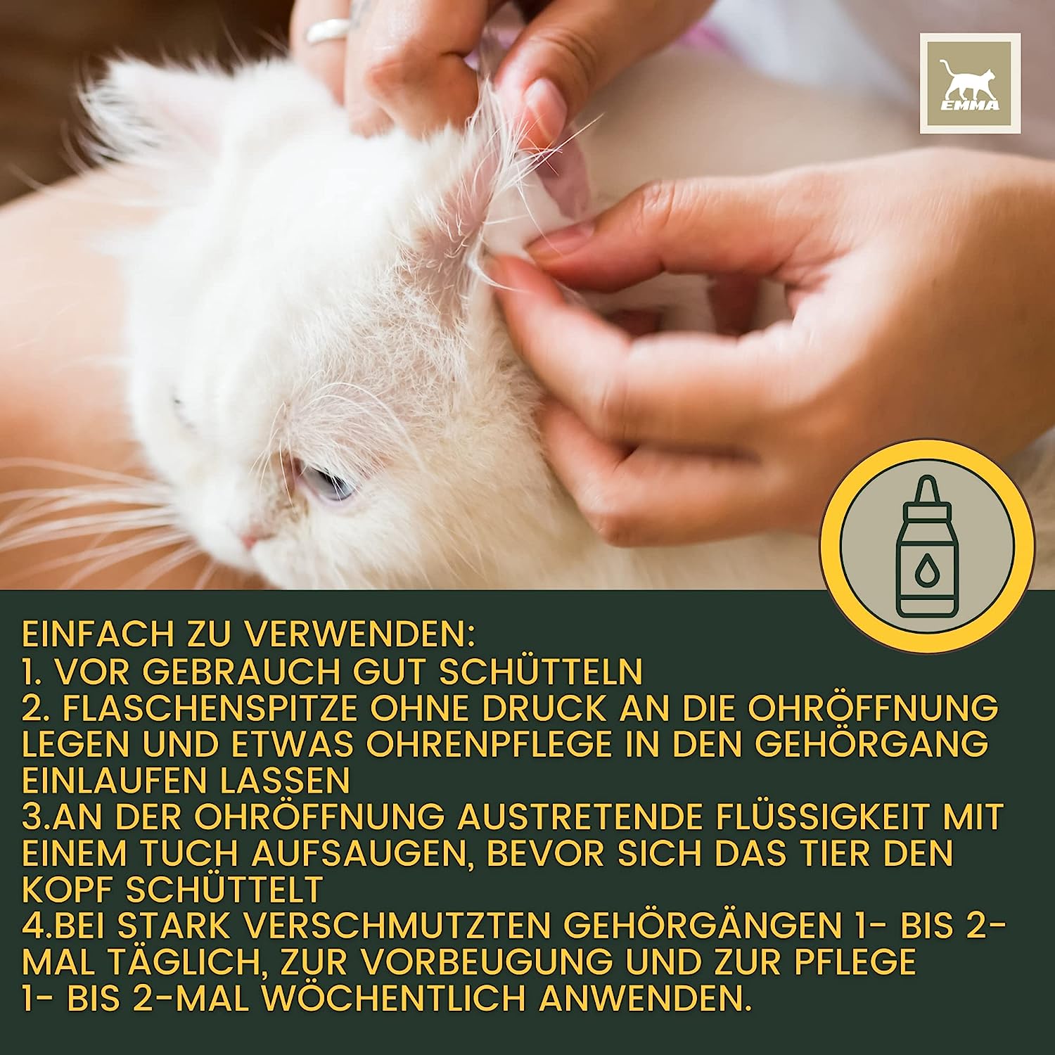 EMMA Auge Augentropfen Katze  Katzen Ohrenreiniger - Ohrentropfen Katze - Erste Hilfe Set Katze • Katzenpflege gegen Juckreiz  Schmutz • Ohrenpflege Ohrreiniger Tränenfleckentferner Kamille 
