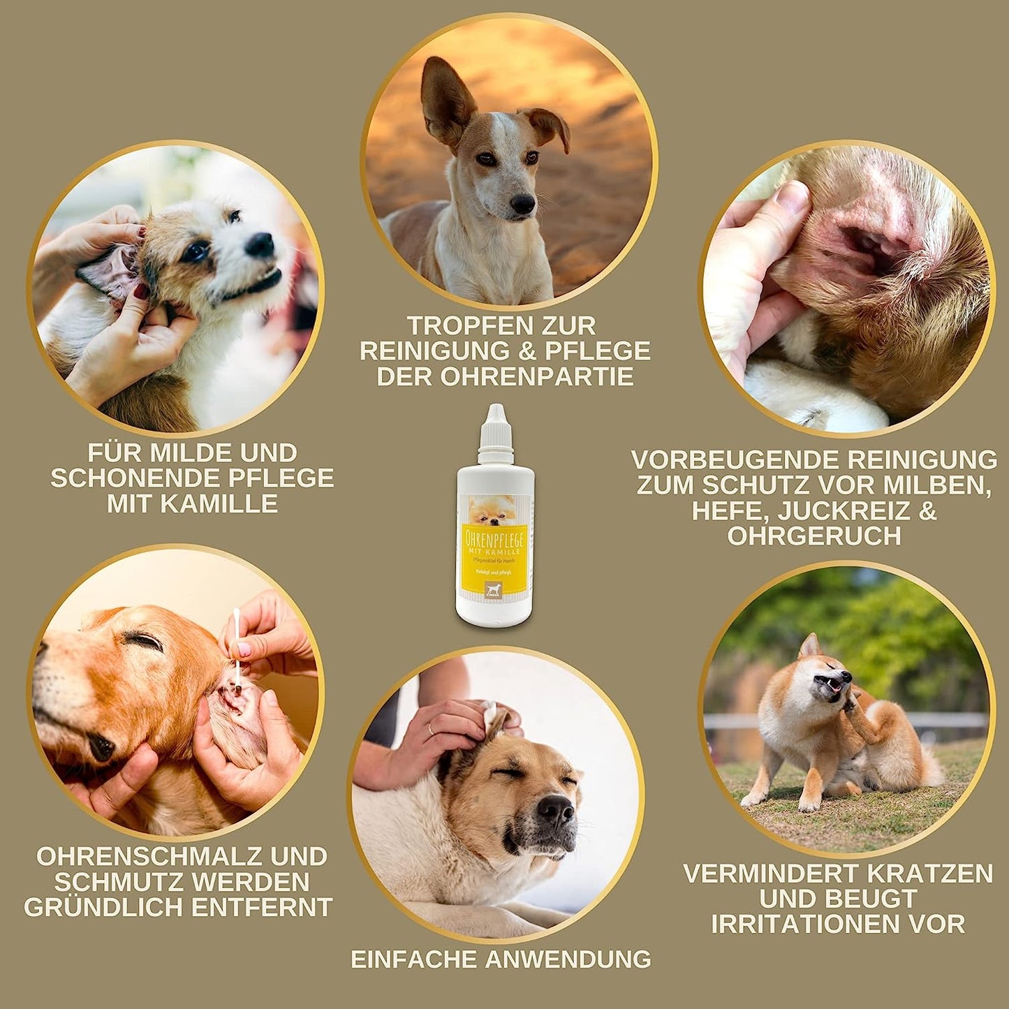 Ohrenreiniger Hund • Ohren Reinigung Tropfen • Ohrentropfen für Hunde gegen Juckreiz • milde Ohrpflege mit Kamille • Ohrreiniger bei Ohrenentzündung Mittel gegen Schmutz Ohrenschmalz Entferner 100ml.png