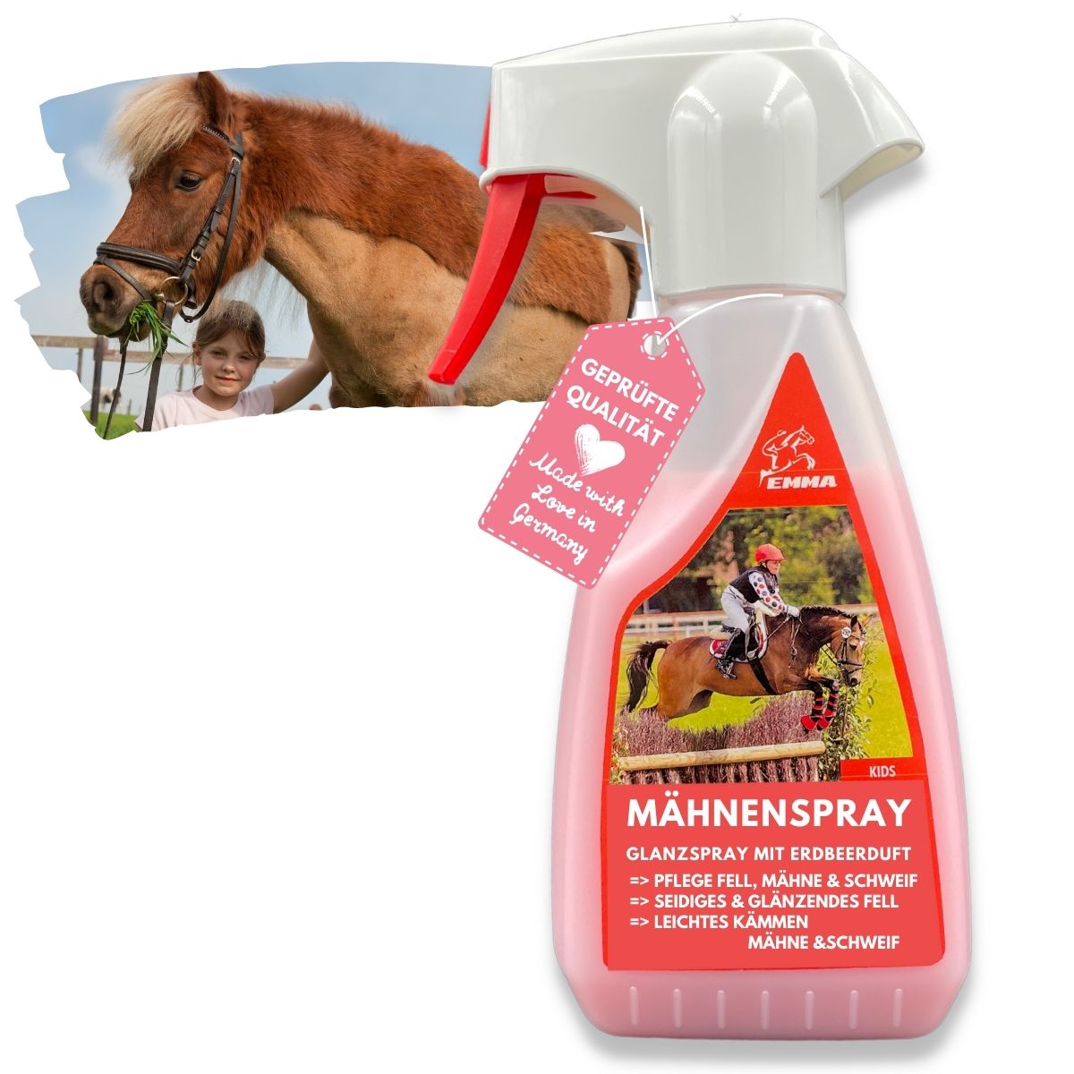 EMMA Schweif- & Mähnenspray für Pferde + Edbeer Duft 500ml Fellpflege Pferd I Glanzspray & Kämmbarkeit für Fell Mähne Schweif I Schweifspray für Pferde Fellspray - Pferdepflege - Pferde Zubehör Fellglanz.jpg .jpg