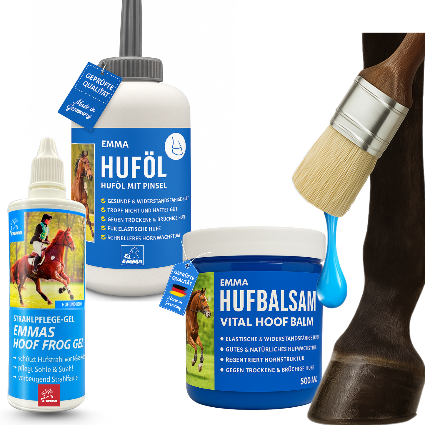 Hufpflege Set - Huföl Pferde mit Pinsel + Strahlpflege + Hufbalsam