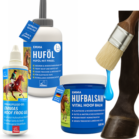 Hufpflege Set - Huföl Pferde mit Pinsel + Strahlpflege + Hufbalsam