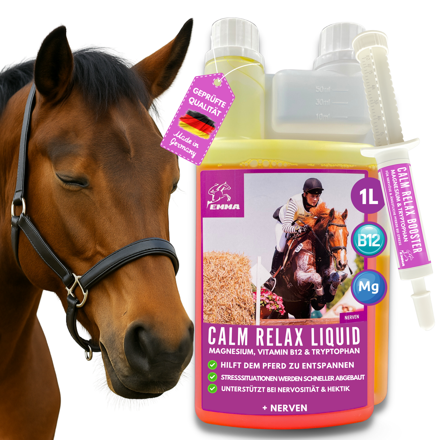Magnesium, Vitamin B12 fürs Pferd für die Nerven, bei Stress, 1L + 30ml