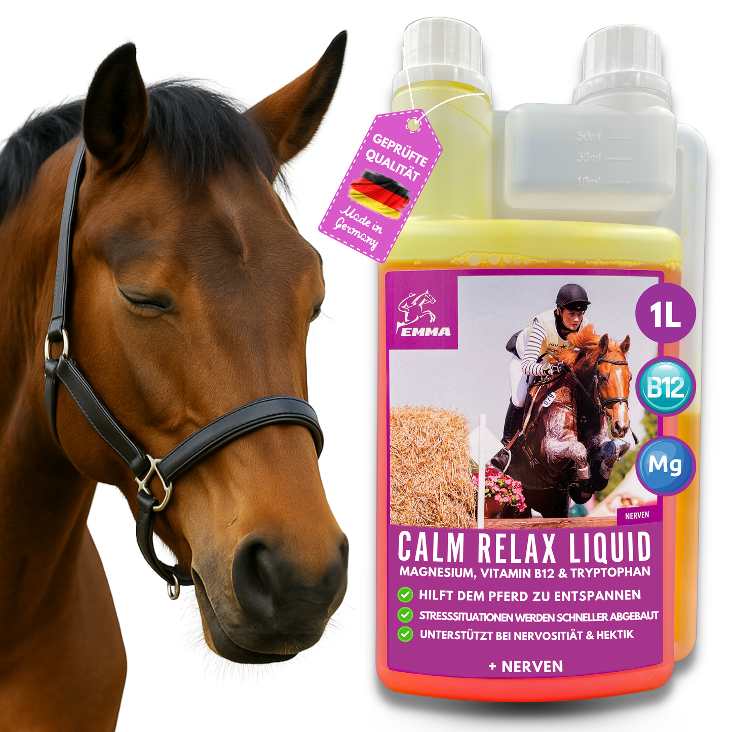 Magnesium, Vitamin B12 fürs Pferd für die Nerven, bei Stress, 1L
