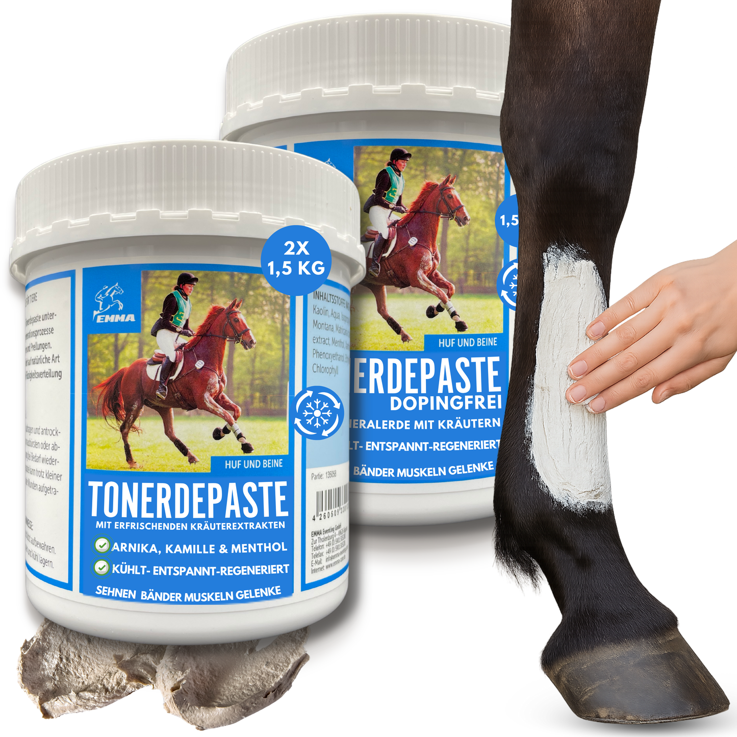 EMMA essigsaure Tonerde ⇒ Tonerde Pferd mit / ohne Arnika I Pferdebalsam kühlend 2*1,5Kg