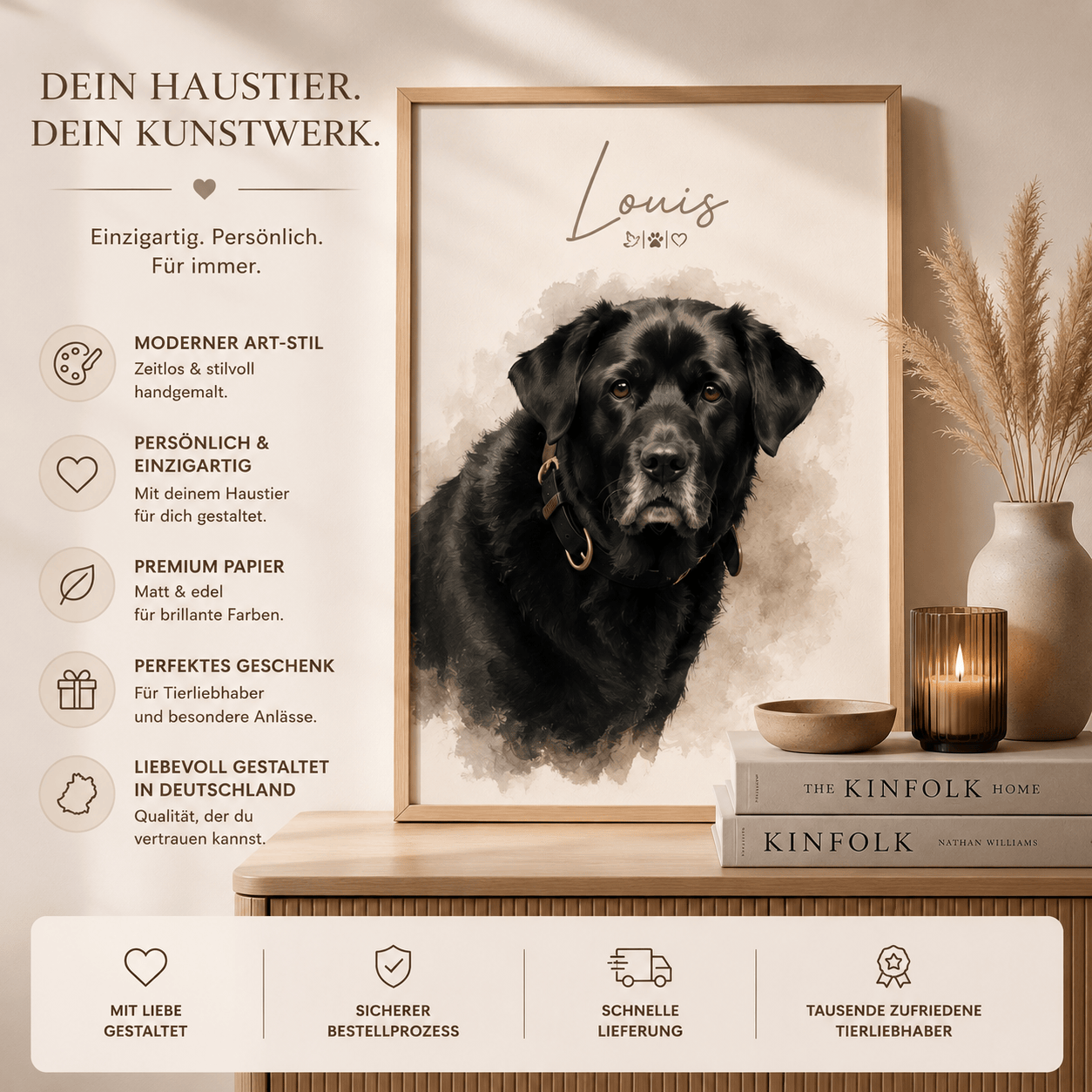 Erinnerungsbild Hund personalisiert mit Foto & Namen – 30x40 Poster im handpainted Stil