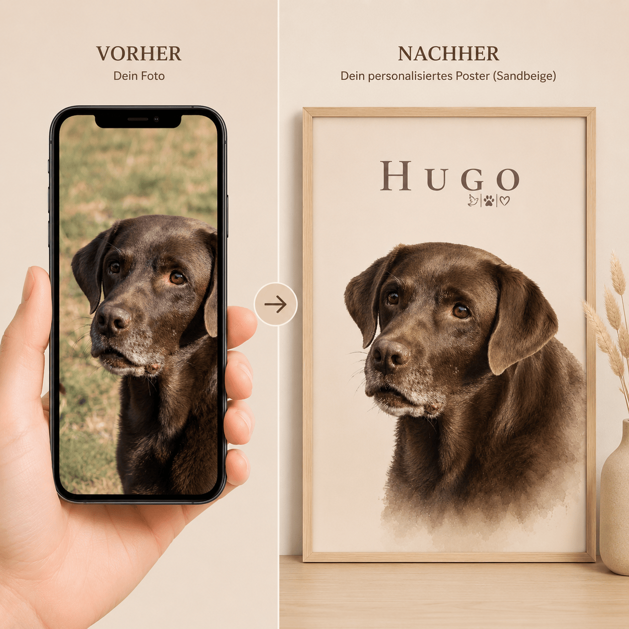 Erinnerungsbild Hund personalisiert mit Foto & Namen – 30x40 Poster im handpainted Stil