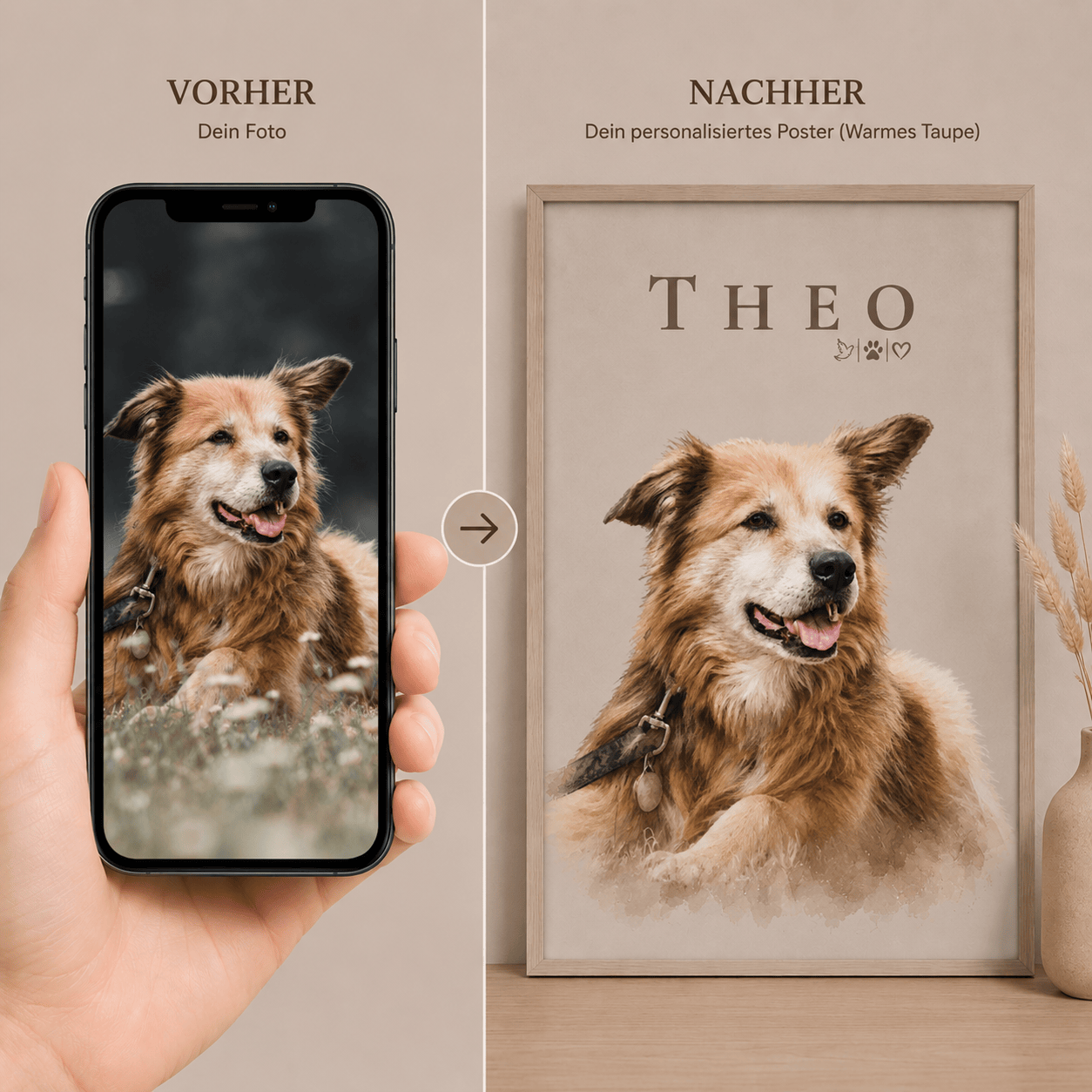 Erinnerungsbild Hund personalisiert mit Foto & Namen – 30x40 Poster im handpainted Stil