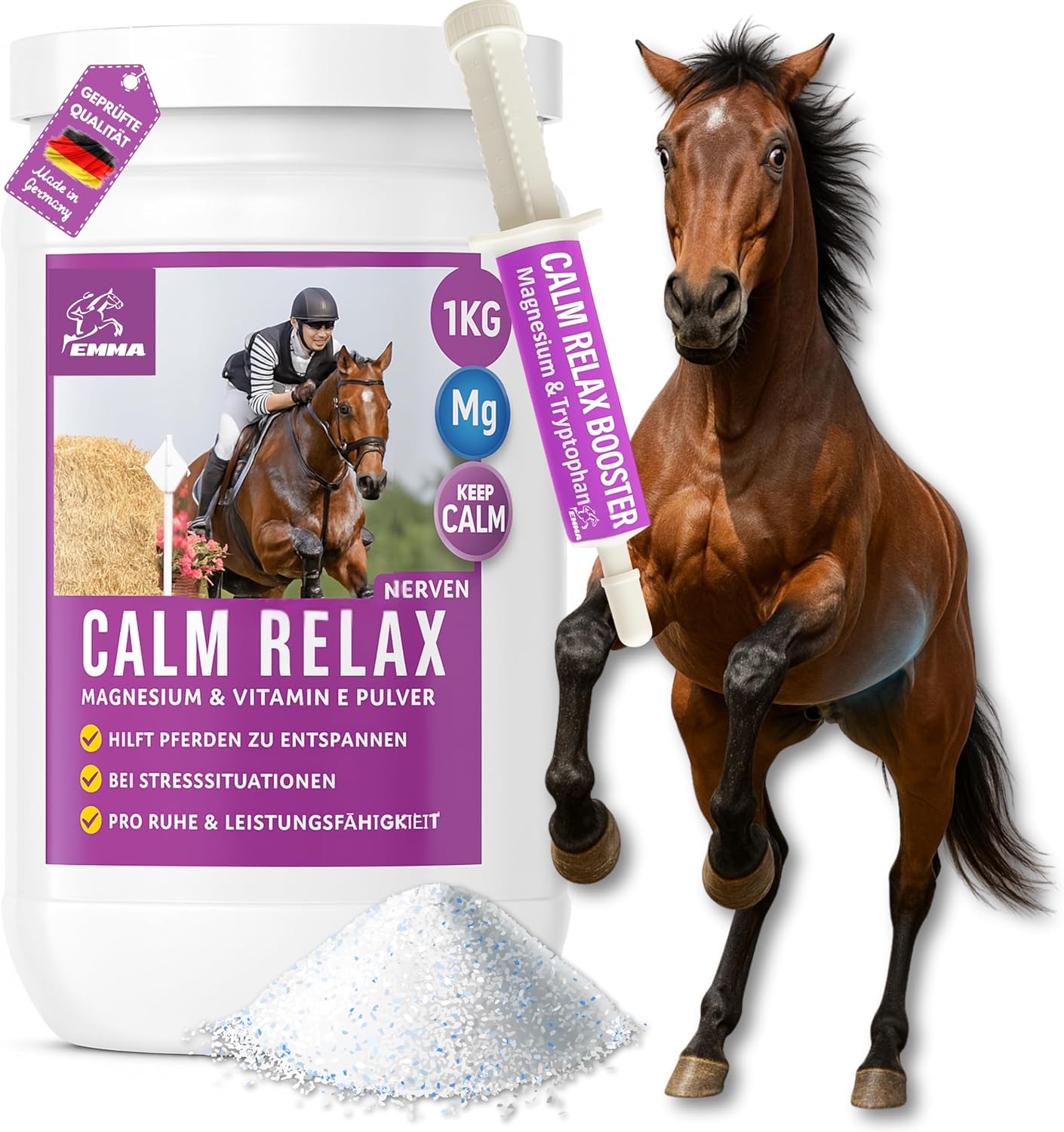 Magnesium Vitamin E fürs Pferd, Calm Set für`s nervöse Pferd 1Kg + 30ml