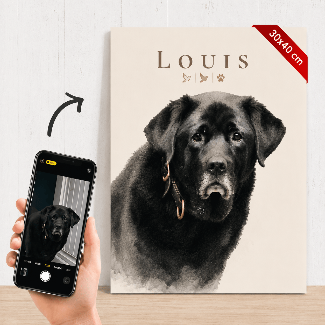 Erinnerungsbild Hund personalisiert mit Foto & Namen – 30x40 Poster im handpainted Stil