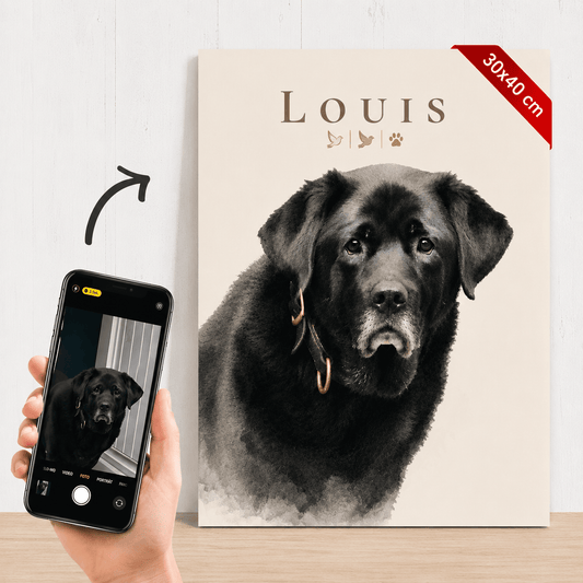 Erinnerungsbild Hund personalisiert mit Foto & Namen – 30x40 Poster im handpainted Stil