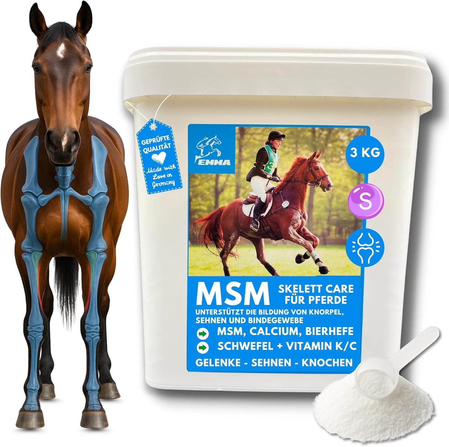 Skelett Care, MSM Pulver + Kalzium hochdosiert für Knochen & Skelett für Pferd