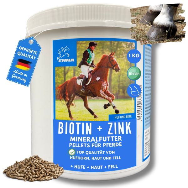 EMMA Zink 2 Pferd Biotin Pferd - Biotin und Zink für Pferde gesunde Hufe, Haut Haare bei Ekzem Mauke hochdosiert Top Biotin Pellets einfach ins Pferdefutter Mineralfutter Pferde & Pony.png